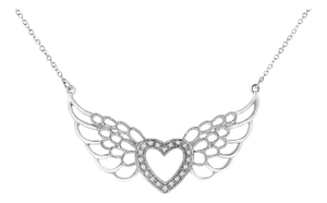 .925 Sterling Silver Pave-Set Diamond Accent Fairy Wing 18" Heart Pendant Necklace