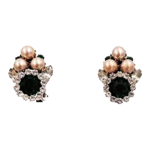 Vintage 1960s Signed Hobe Rhodium Plated Faux-Emerald & Pearl Clip Earrings - 2 Pieces