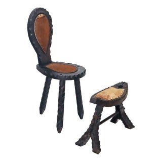 Set of Brutalist Spanish Tripod Chair with Goatskin Stool For Sale