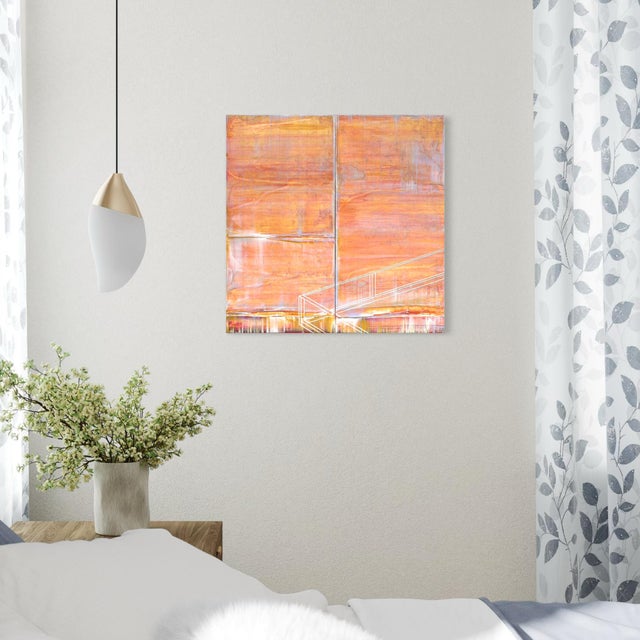 Warm amber and coral tones build across this square canvas in loose, weathered layers, split by a thin vertical seam and...