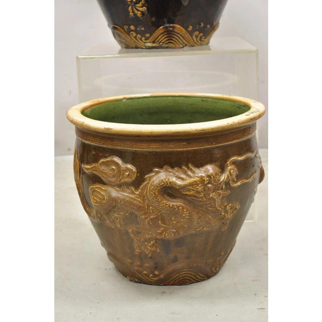 Brown Antique Chinese Brown Glazed Ceramic Pottery Dragon Cachepot Jardinière - Pair For Sale - Image 8 of 12