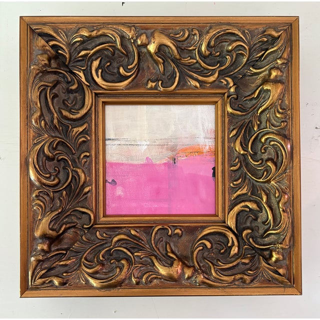 Acrylic on canvas covered cradled wood panel, framed in a 10 x 10 x 2 deep profile, heavyweight, ornate gold carved wood...