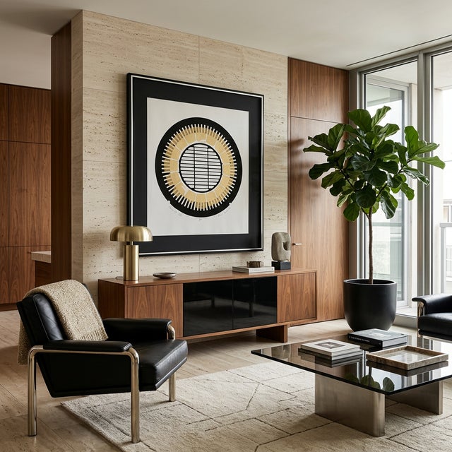 This striking mid-century modern mixed-media piece by Seena Donneson combines geometric abstraction with a metallic gold...