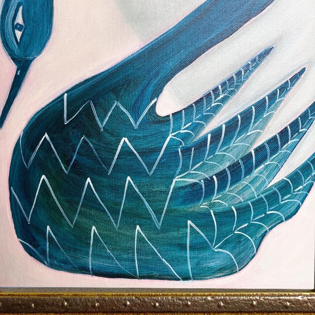Art Deco Original Blue Swan Painting in Ornate Gold Studded Frame, Oil on Canvas, 13" X 16" by Tatiana Duperault For Sale - Image 3 of 4
