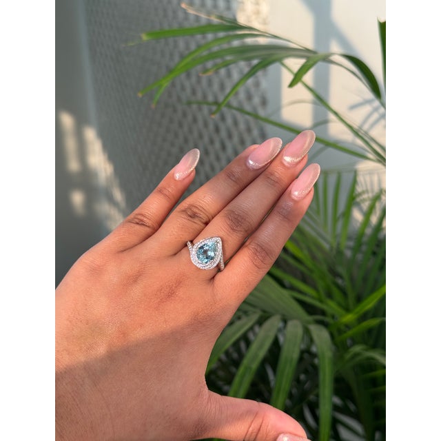 Not Yet Made - Made To Order 2.07Ct Pear-Cut Aquamarine Diamond Cluster Ring in 18k White Gold Size 8 For Sale - Image 5 of 16