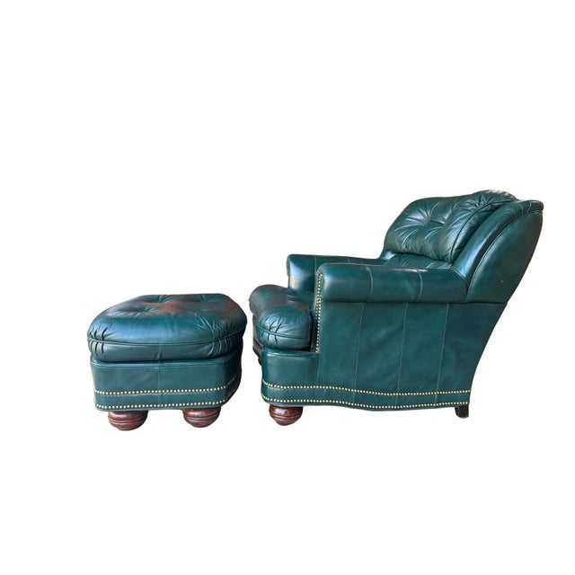 Late 20th Century Vintage Thomas-Bain Leather Club Chair & Ottoman Set in Peacock Teal Green | Tufted Traditional Lounge Seating For Sale - Image 5 of 18