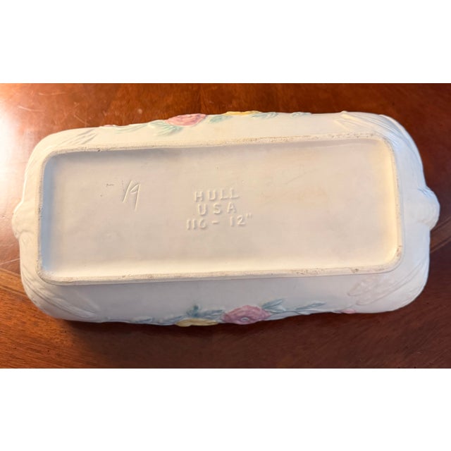 1940s Hull Pottery Open Rose / Camellia Console Bowl W/ Dove Handles "116-12" Art Deco - Rare For Sale - Image 12 of 15