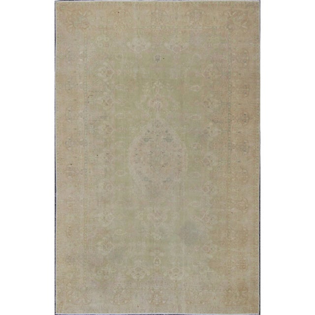 Soft Toned, Medallion Design Vintage Hand Knotted Turkish Sivas Rug in Green and Pink For Sale In Atlanta - Image 6 of 6