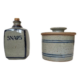 Lidded Jar and Decanter in Glazed Stoneware from Knabstrup, 1970s, Set of 2 For Sale