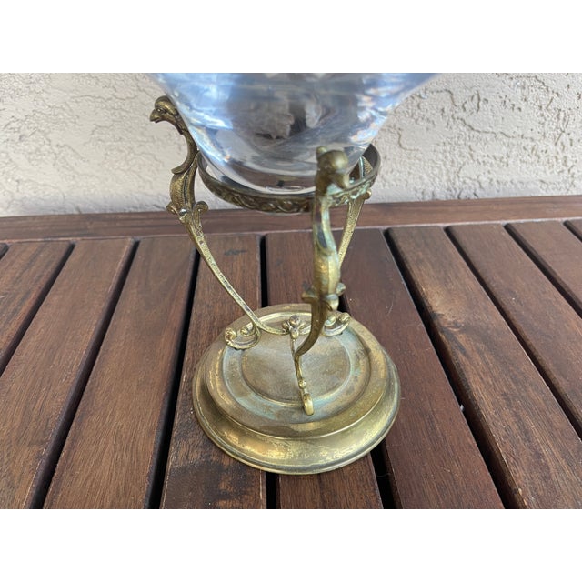 Blenko Vintage Blenko Hurricane Glass Vase & Ornate Neoclassical Brass Stand For Sale - Image 4 of 6