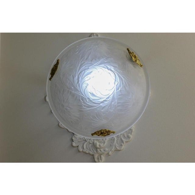 French Art Deco White Frosted Glass and Bronze Pendant Light with Floral Motifs, 1930s For Sale - Image 10 of 18
