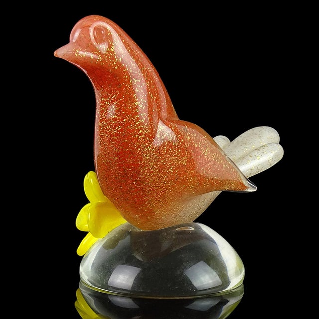 Murano Seguso Murano Vintage Orange White Gold Flecks Yellow Flower Italian Art Glass Mid Century Bird Sculpture For Sale - Image 4 of 5