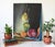 Vintage unframed moody still life painting on board. Features a hanging yellow pear, a green squash, an orange, and a dark...