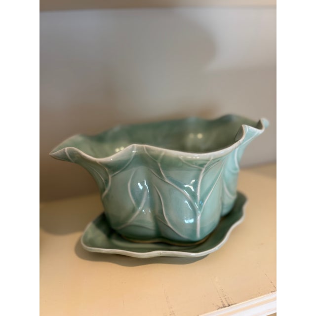 Ceramic Set of 3 Vintage Chinese Longquan Celadon Cabbage Leaf Planters With Underplates For Sale - Image 7 of 14