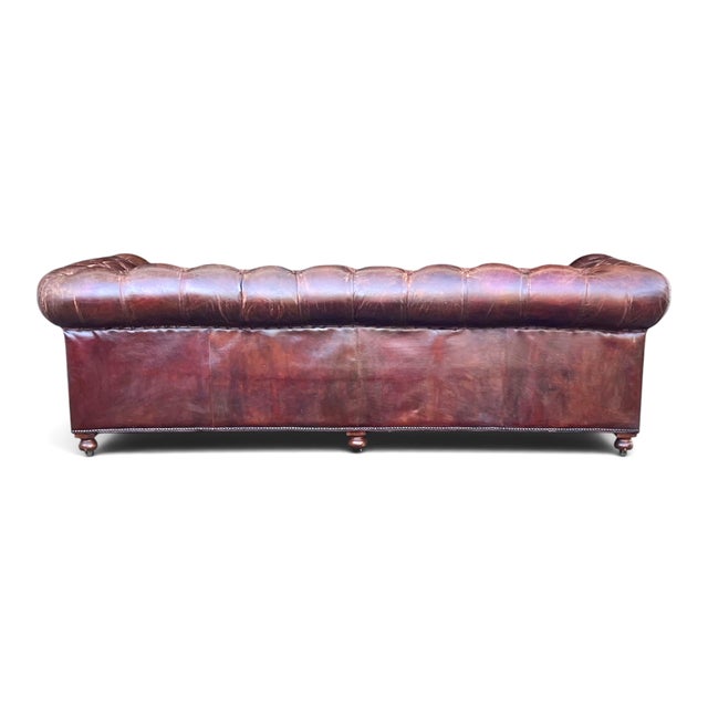 Restoration Hardware Chesterfield Cognac Leather Sofa With Brass Nailhead & Casters For Sale - Image 16 of 16