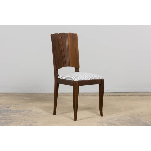 Wood 1920s French Art Deco Walnut Dining Chairs W/ Striped Linen - Set of 6 For Sale - Image 7 of 18