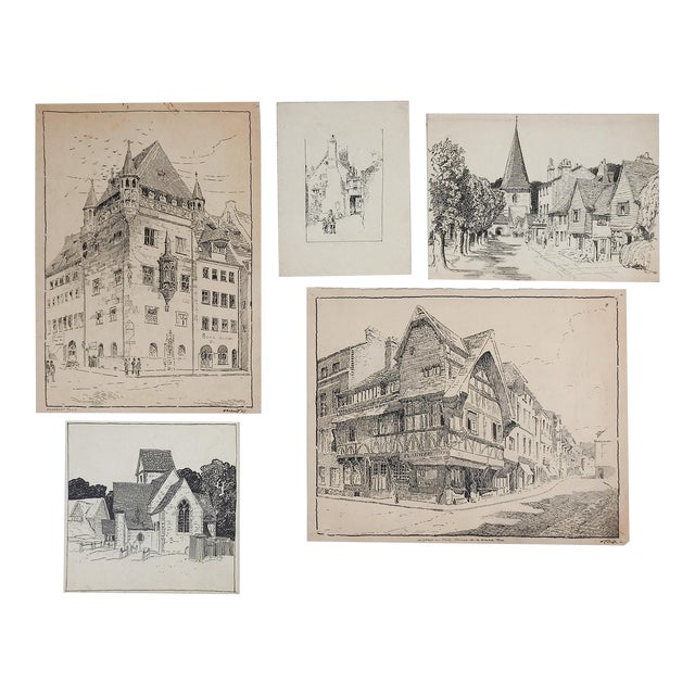 Collection of Late 19th Century Architectural Drawings Europe - Set of 5 For Sale