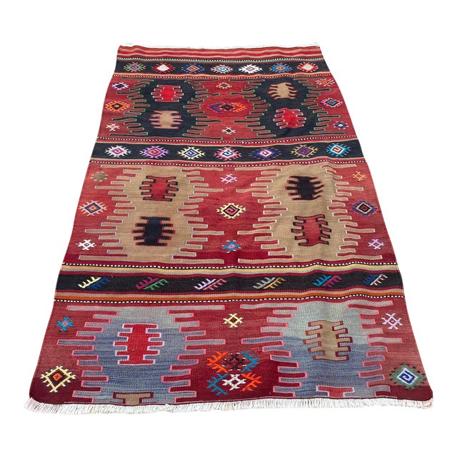 Vintage Turkish Tribal Red Flat-Weave Kilim Rug For Sale