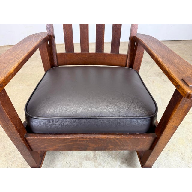 Wood Antique Stickley Brothers Mission Oak Arts & Crafts Rocking Chair New Leather Seat For Sale - Image 7 of 12