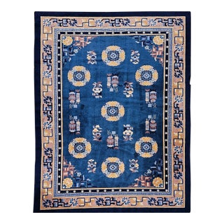 Vintage Art Deco Chinese Rug, Handwoven Wool Pile, Floral Design, Blue, 6' x 8' For Sale