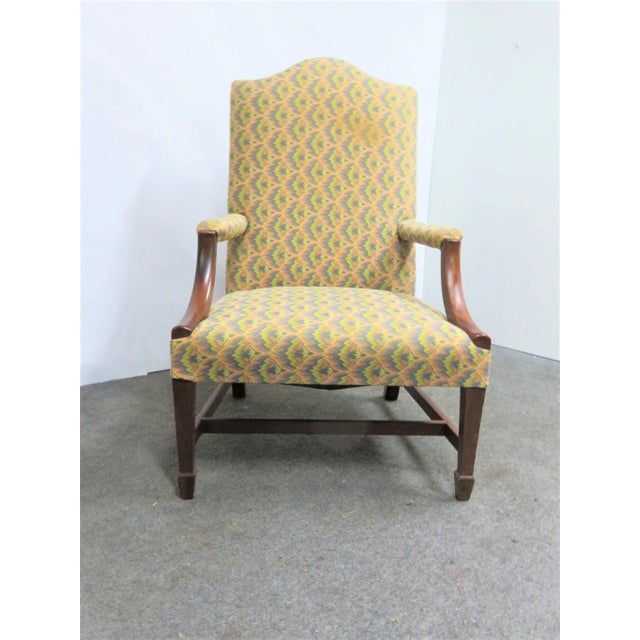 Late 1800's Hepplewhite style library chair, larger size then typically seen in this form mahogany frame, spade foot,...