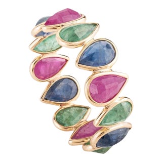 18 Karat Yellow Gold Emerald Ruby Sapphire Stackable Eternity Band Ring Size 8.5 For Sale