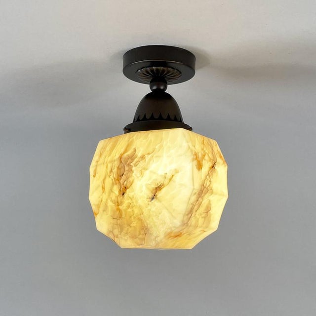 Art Deco Marbled Opaline Glass and Burnished Brass Flush Mount, Germany, 1920s For Sale - Image 16 of 18