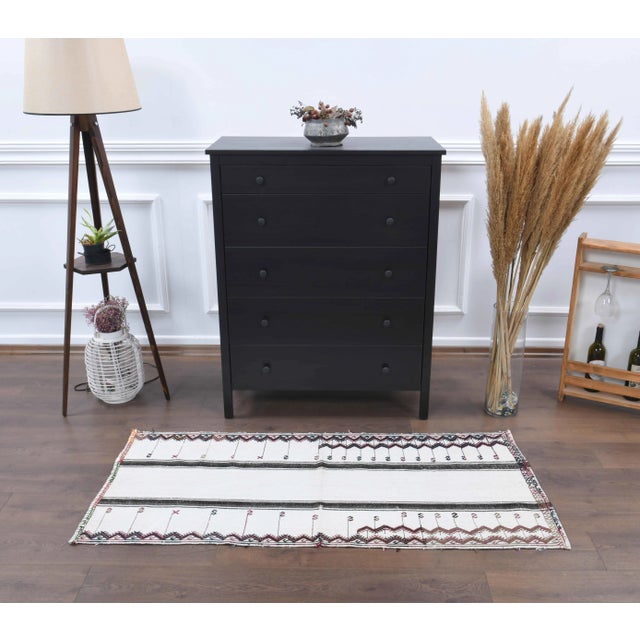 Boho Chic Vintage Turkish Hand-Knotted Wool Cotton White Kilim Runner Rug For Sale - Image 3 of 9