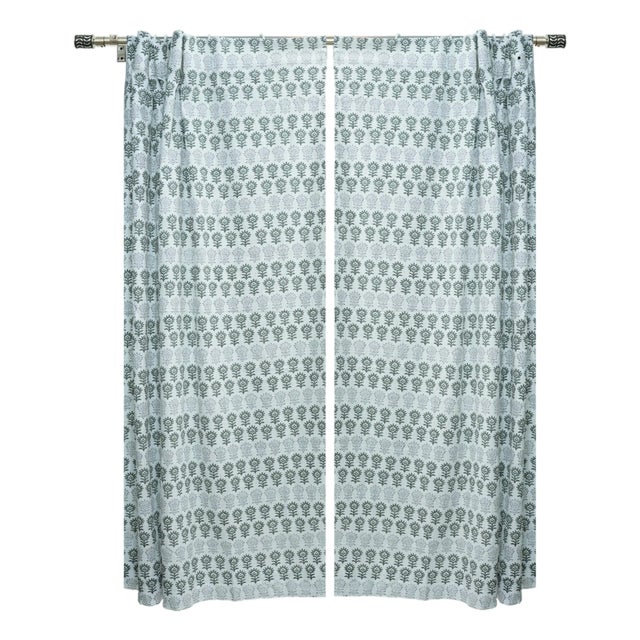 Elegant Block Print Curtain Surajmukhi Design in Viscose Coloured Linen Size-54"Wx89"L For Sale