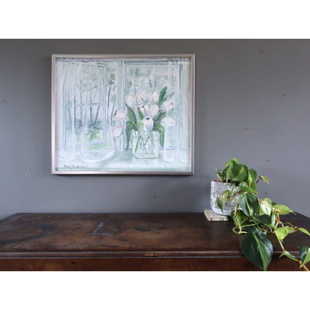 Mid-Century Modern Mid-Century Modern 'Morning Light With Tulips' Vintage Original Swedish Interior Still Life Oil Painting, Framed For Sale - Image 3 of 10