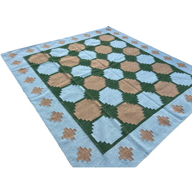 Not Yet Made - Made To Order Handmade New Zealand Wool Dhurrie, Sky Blue, Beige and Green Swedish Tile Rug- 78"x88" For Sale - Image 5 of 13