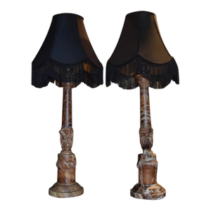 Pair of Antique Carved Red Marble Column Lamps