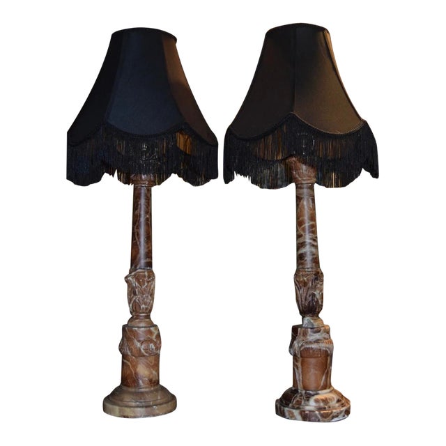 Pair of Carved Red Marble Column Lamps For Sale