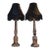 Pair of Carved Red Marble Column Lamps With Black Fringe Shades (Early 20th C.) For Sale