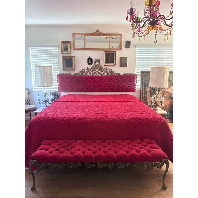 Striking vintage Hollywood Regency king-size bed with its matching tufted bench, upholstered in rich raspberry-red velvet...