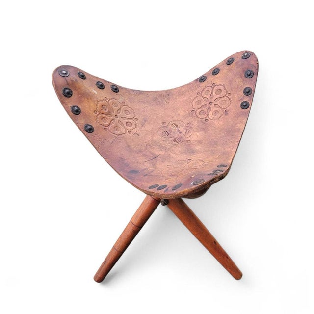 Vintage Tooled Leather Tripod Chairs, Set of 2 For Sale - Image 4 of 18