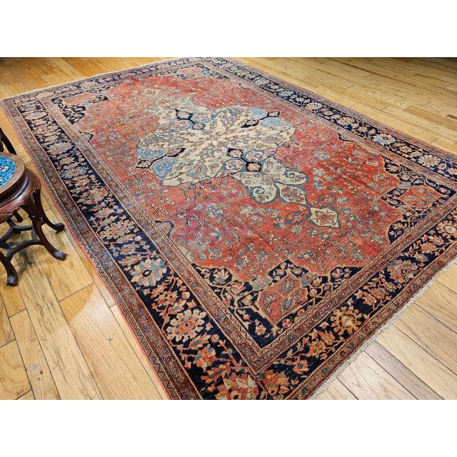 Mid 19th Century Persian Farahan Rug, Hand-Knotted Wool, Floral Medallion Pattern, Red & Blue, 8x12 For Sale In Chicago - Image 6 of 18