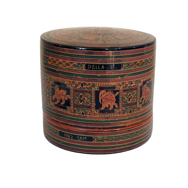 Vintage Burmese Asian Lacquer Wood Hand Painted Betel Box 5" H For Sale - Image 10 of 11