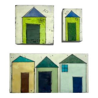 Encaustic Collage Installation by Gina Cochran - Tiny Dwellings Series - Sea Glass Trio For Sale