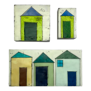 Encaustic Collage Installation by Gina Cochran - Tiny Dwellings Series - Sea Glass Trio