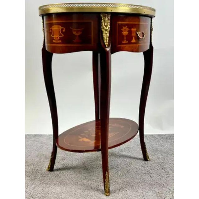 French Baroque Revival Style Oval Marquetry Side or End Table With Ormolu Accent For Sale - Image 4 of 16