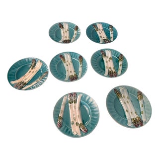 French Majolica Depose KG Luneville Asparagus Plates - Set of 7 For Sale