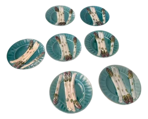 French Majolica Depose KG Luneville Asparagus Plates - Set of 7