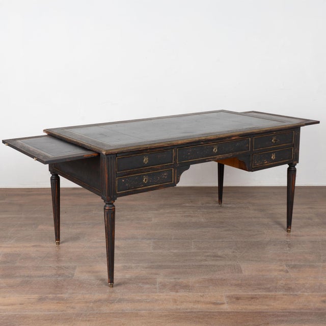 French Early 20th Century Swedish Black Painted Five-Drawer Desk With Embossed Leather Top For Sale - Image 3 of 18