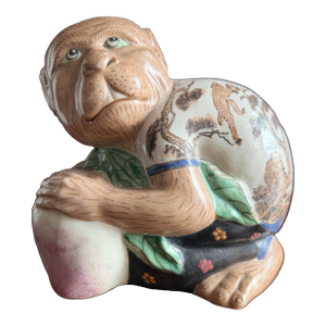 Chinese Vintage Porcelain Monkey Figurine Holding a Pear.