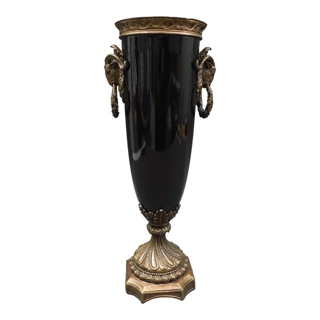 Antique Neoclassical French Gilt Bronze Black Ebony Porcelain Ram Head Vase Urn For Sale