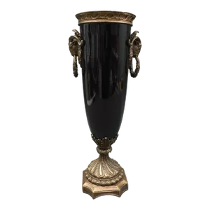 Antique Neoclassical French Gilt Bronze Black Ebony Porcelain Ram Head Vase Urn