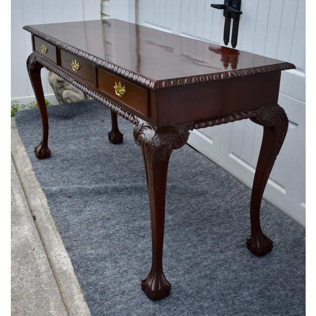 Chippendale Chippendale Mahogany Writing Console Table Vintage 3 Drawer Ball Claw Foot Sofa For Sale - Image 3 of 15