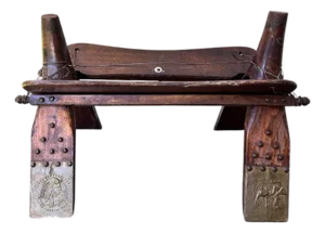 Antique Egyptian Camel Saddle Stool – Handcrafted Wood & Brass, Tribal Decor