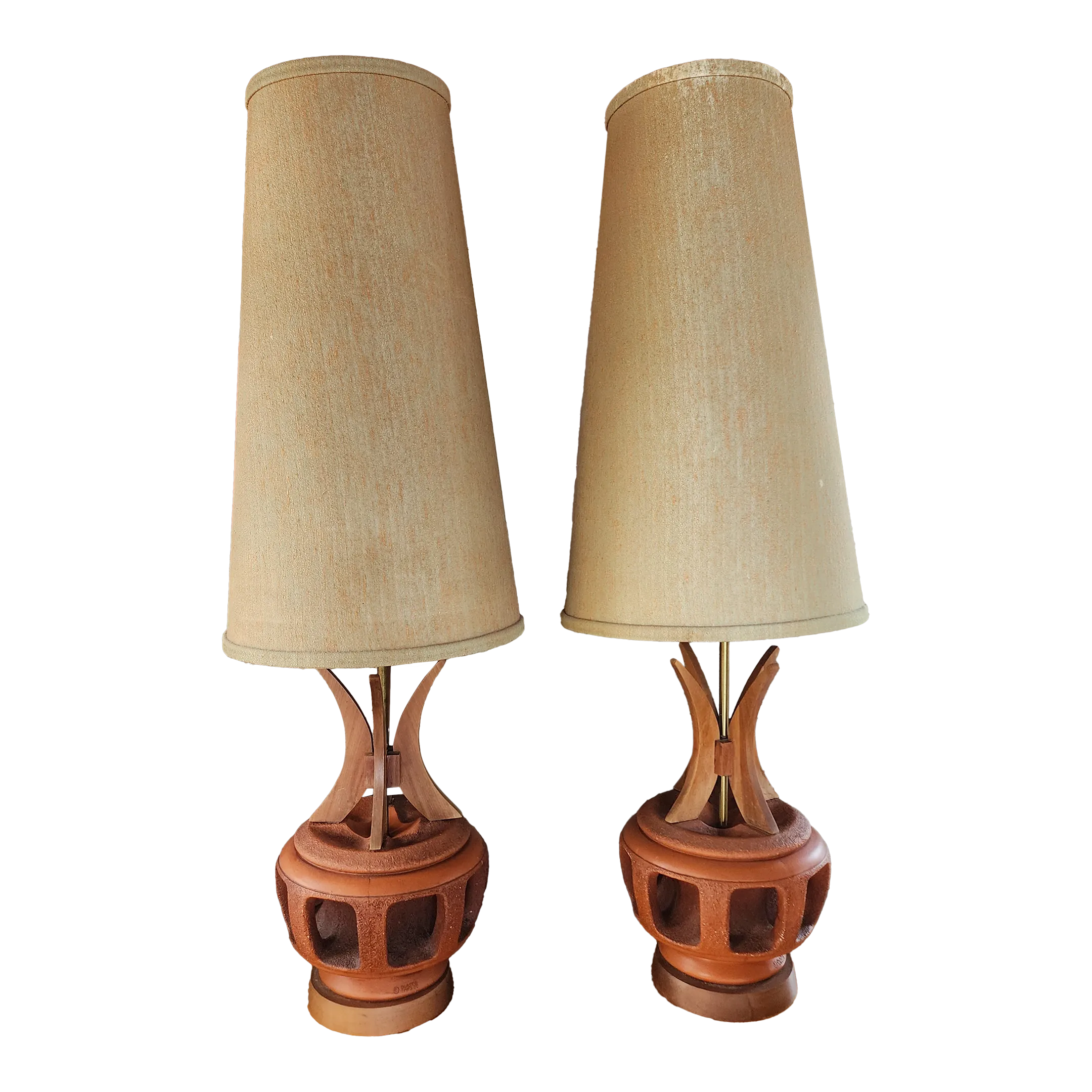 Pair of 1960s Plasto Mfg Co Burnt Orange Saucer Lamps With Danish